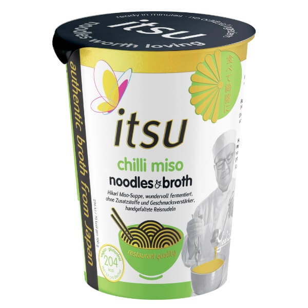 itsu Instant Noodle Cup Chilli-Miso in der 65g Verpackung