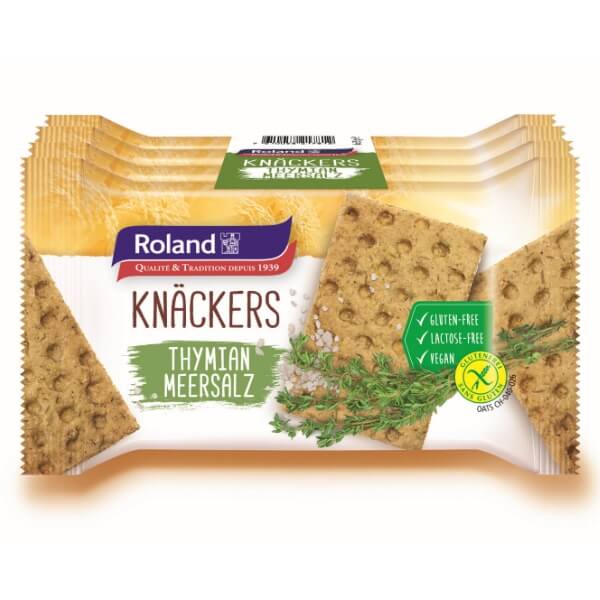 Roland Knäckers Mini Knäckebrot Glutenfrei Thymian Meersalz in der 140g Verpackung